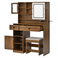 Farmhouse Makeup Vanity with LED Mirror and Outlet, Chic Dressing Table with Drawers and Padded Stool, 37.5'' L x 15.5" W x 56" H, Rustic Brown(m-14)