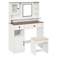Farmhouse Makeup Vanity with LED Mirror and Outlet, Chic Dressing Table with Drawers and Stool, 37.5'' L x 15.5" W x 56" H, White+Walnut(m-15)