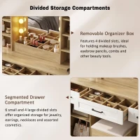 Farmhouse Makeup Vanity with Lighted Mirror and Outlet, Chic Dressing Table with Drawers and Stool, 47'' L x 15.5" W x 61.5" H, Natural+White(m-7)