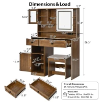 Farmhouse Makeup Vanity with LED Mirror and Outlet, Chic Dressing Table with Drawers and Padded Stool, 37.5'' L x 15.5" W x 56" H, Rustic Brown(m-3)