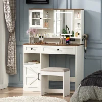 Farmhouse Makeup Vanity with LED Mirror and Outlet, Chic Dressing Table with Drawers and Stool, 37.5'' L x 15.5" W x 56" H, White+Walnut(m-1)