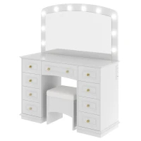 Luxurious Dressing Vanity Desk with 10 Hollywood Bulbs, Modern Makeup Table Set with 9 Storage Drawers, 44'' L x 15.5'' W x 53.5'' H, White(m-13)