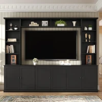 Mid-Century Entertainment Centre with 7 Adjustable Shelves, 4-Piece TV Wall Unit Console with 6 Cable Holes, 95.5'' L x 15.5'' W x 76.5'' H, Black(m-8)