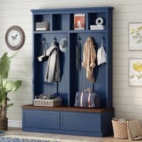 Rustic Farmhouse 4-in-1 Hall Tree Coat Rack with 2 Large Drawers, Shoe Storage Bench Unit with 6 Hooks, 53'' L x 15'' W x 75.5'' H, Blue(m-1)