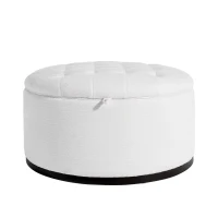 Elegant Round Storage Ottoman with Tufted Chenille and Removable Lid, Versatile Coffee Table for Living Room, 28'' L x 28" W x 16.5" H, White(m-11)