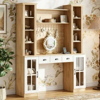 Farmhouse Makeup Vanity with LED Mirror and Power Outlet, Chic Dressing Desk with Jewelry Organizer, 54.5'' L x 15.5" W x 70" H, Natural+White(m-1)