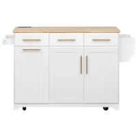 Vintage Kitchen Island with Trash Storage and Organizers, Versatile Rolling Cart with Power Outlet and Spice Rack, 59'' L x 29.5" W x 35.5" H, White(m-2)