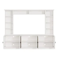 Rustic Farmhouse Entertainment Centre with 7 Adjustable Shelves, Modern TV Wall Unit with Panelled Doors, 95.5'' L x 15.5'' W x 76.5'' H, White(m-15)