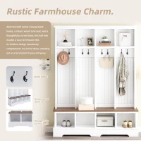 Farmhouse Hall Tree Coat Rack with 8 Retro Hooks, Shoe Bench Unit with 8 Storage Compartments, 59'' L x 15.5'' W x 76.5'' H, White(m-4)