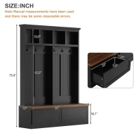 Rustic Farmhouse 4-in-1 Hall Tree Coat Rack with 2 Large Drawers, Shoe Storage Bench Unit with 6 Hooks, 53'' L x 15'' W x 75.5'' H, Black(m-3)