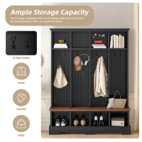 Farmhouse Hall Tree Coat Rack with 8 Retro Hooks, Shoe Bench Unit with 8 Storage Compartments, 59'' L x 15.5'' W x 76.5'' H, Black(m-6)