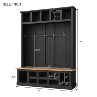Farmhouse Hall Tree Coat Rack with 13 Compartments, Shoe Storage Bench Unit with Wide Storage Seating Bench, 59'' L x 18'' W x 79'' H, Black(m-3)