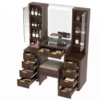 Elegant Fluted Dressing Vanity Desk with 3-Colour LED Mirror, Modern Makeup Table Unit with 10 Drawers, 43.5'' L x 15.5'' W x 54.5'' H, Brown(m-11)