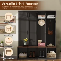 Rustic Farmhouse Hall Tree with 8 Storage Doors, Heavy-Duty Shoe Storage Bench Unit with 4 Bottom Compartments, 59'' L x 15.5'' W x 75'' H, Black(m-6)