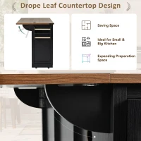 Farmhouse Kitchen Island with Power Outlet, Drop Leaf and Sliding Barn Doors, Versatile Rolling Cart for Kitchen, 53.5'' L x 18.5" W x 37" H, Black(m-7)