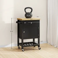 HOMCOM Kitchen Island on Wheels, Rolling Kitchen Cart with Rubberwood Top, Drawer, Wine Rack and Cabinet, Black(m-3)