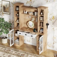 Farmhouse Makeup Vanity with LED Mirror and Power Outlet, Chic Dressing Desk with Jewelry Organizer, 54.5'' L x 15.5" W x 70" H, Natural+White(m-9)