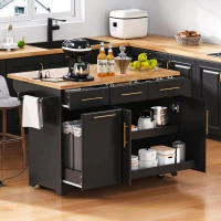 Vintage Kitchen Island with Trash Storage and Organizers, Versatile Rolling Cart with Power Outlet and Spice Rack, 59'' L x 29.5" W x 35.5" H, Black(m-9)