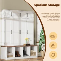 Rustic Farmhouse Hall Tree with 8 Storage Doors, Heavy-Duty Shoe Storage Bench Unit with 4 Bottom Compartments, 59'' L x 15.5'' W x 75'' H, White(m-6)