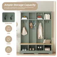 Farmhouse Hall Tree Coat Rack with 8 Retro Hooks, Shoe Bench Unit with 8 Storage Compartments, 59'' L x 15.5'' W x 76.5'' H, Mint Green(m-5)