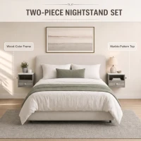 HOMCOM Floating Bedside Tables Set of 2 with Drawer, Open Storage and White Marble Effect Top for Bedroom, Natural(m-4)