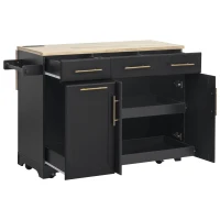 Vintage Kitchen Island with Trash Storage and Organizers, Versatile Rolling Cart with Power Outlet and Spice Rack, 59'' L x 29.5" W x 35.5" H, Black(m-15)
