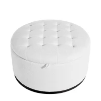 Elegant Round Storage Ottoman with Tufted Chenille and Removable Lid, Versatile Coffee Table for Living Room, 28'' L x 28" W x 16.5" H, White(m-10)