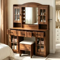 Farmhouse Makeup Vanity with Lighted Mirror and Power Outlet, Chic Dressing Table with Drawers and Stool, 47'' L x 15.5" W x 61.5" H, Walnut(m-1)