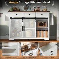 Farmhouse Kitchen Island with Power Outlet, Drop Leaf and Sliding Barn Doors, Versatile Rolling Cart for Kitchen, 53.5'' L x 18.5" W x 37" H, White(m-4)