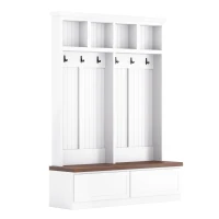 Rustic Farmhouse 4-in-1 Hall Tree Coat Rack with 2 Large Drawers, Shoe Storage Bench Unit with 6 Hooks, 53'' L x 15'' W x 75.5'' H, White(m-13)