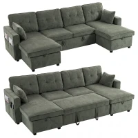 HOMCOM Sectional Sofa Bed, 113" U Shaped Pull Out Sleeper Sofa Bed with Dual Storage Chaises, Wide and Deep Seat, Green(m-2)