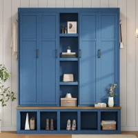 Rustic 4-in-1 Hall Tree Coat Rack with 4 Cabinets and 6 Sturdy Hooks, Shoe Storage Bench Unit for Mudroom, 63'' L x 15.5'' W x 76.5'' H, Blue(m-8)
