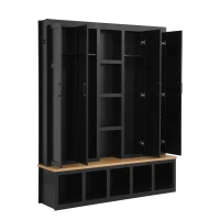 Rustic 4-in-1 Hall Tree Coat Rack with 4 Cabinets and 6 Sturdy Hooks, Shoe Storage Bench Unit for Mudroom, 63'' L x 15.5'' W x 76.5'' H, Black(m-13)