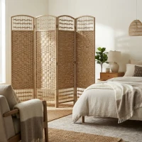 HOMCOM 4 Panel Folding Room Divider Portable Privacy Screen Wave Fiber Room Partition for Home Office Natural(m-11)
