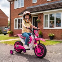 Aosom 12V Kids Motorcycle with Dual Motors, Training Wheels, Rear Suspension, Soft Start, Max Speed 5 MPH, for 3-6 Years, Pink(m-10)