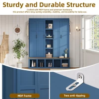 Rustic 4-in-1 Hall Tree Coat Rack with 4 Cabinets and 6 Sturdy Hooks, Shoe Storage Bench Unit for Mudroom, 63'' L x 15.5'' W x 76.5'' H, Blue(m-7)