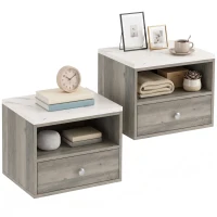 HOMCOM Floating Bedside Tables Set of 2 with Drawer, Open Storage and White Marble Effect Top for Bedroom, Natural(m-13)