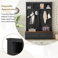 Rustic Farmhouse 4-in-1 Hall Tree Coat Rack with 2 Large Drawers, Shoe Storage Bench Unit with 6 Hooks, 53'' L x 15'' W x 75.5'' H, Black(m-4)