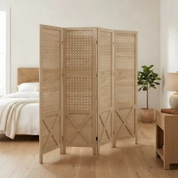 HOMCOM 4.7' 4 Panel Wooden Room Divider with Pegboard Display, Folding Privacy Screen for Home Office, Natural(m-2)