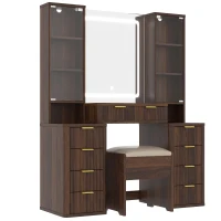 Elegant Fluted Dressing Vanity Desk with 3-Colour LED Mirror, Modern Makeup Table Unit with 10 Drawers, 43.5'' L x 15.5'' W x 54.5'' H, Brown(m-12)