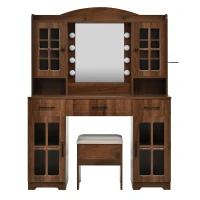 Farmhouse Makeup Vanity with Lighted Mirror and Power Outlet, Chic Dressing Table with Drawers and Stool, 47'' L x 15.5" W x 61.5" H, Walnut(m-2)