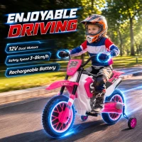 Aosom 12V Kids Motorcycle with Dual Motors, Training Wheels, Rear Suspension, Soft Start, Max Speed 5 MPH, for 3-6 Years, Pink(m-4)