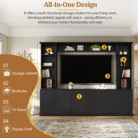 Mid-Century Entertainment Centre with 7 Adjustable Shelves, 4-Piece TV Wall Unit Console with 6 Cable Holes, 95.5'' L x 15.5'' W x 76.5'' H, Black(m-5)