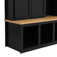 Rustic 4-in-1 Hall Tree Coat Rack with 4 Cabinets and 6 Sturdy Hooks, Shoe Storage Bench Unit for Mudroom, 63'' L x 15.5'' W x 76.5'' H, Black(m-11)