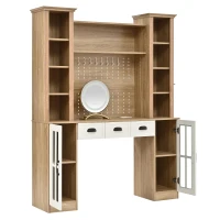 Farmhouse Makeup Vanity with LED Mirror and Power Outlet, Chic Dressing Desk with Jewelry Organizer, 54.5'' L x 15.5" W x 70" H, Natural+White(m-15)