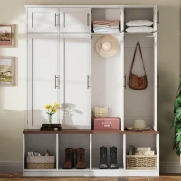 Rustic Farmhouse Hall Tree with 8 Storage Doors, Heavy-Duty Shoe Storage Bench Unit with 4 Bottom Compartments, 59'' L x 15.5'' W x 75'' H, White(m-8)