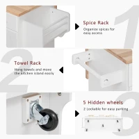 Vintage Kitchen Island with Trash Storage and Organizers, Versatile Rolling Cart with Power Outlet and Spice Rack, 59'' L x 29.5" W x 35.5" H, White(m-7)