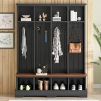 Farmhouse Hall Tree Coat Rack with 8 Retro Hooks, Shoe Bench Unit with 8 Storage Compartments, 59'' L x 15.5'' W x 76.5'' H, Black(m-8)