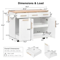 Vintage Kitchen Island with Trash Storage and Organizers, Versatile Rolling Cart with Power Outlet and Spice Rack, 59'' L x 29.5" W x 35.5" H, White(m-3)