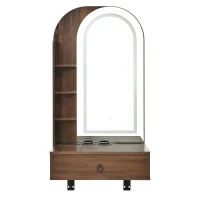 Modern Floating Makeup Vanity with Arched Mirror, Outlet and 3-Color Lights, Versatile Wall Vanity for Bedrooms, 23'' L x 15.5" W x 48" H, Walnut(m-2)